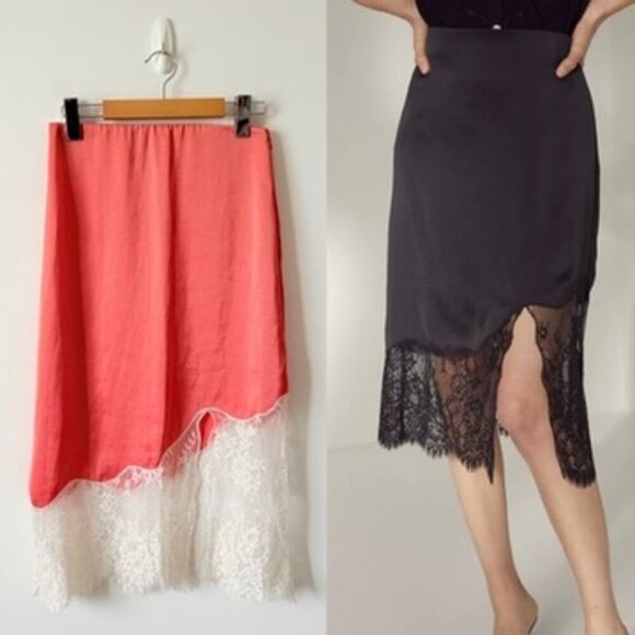 Aritzia Wilfred Sonnet Skirt Satin Midi Skirt with Lace Coral Pink Size 4 - Picture 1 of 5